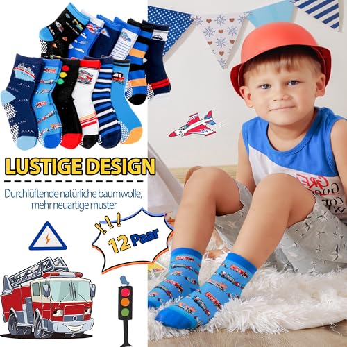 Welwoos Stoppersocken Kinder Baby Jungen Antirutschsocken Kinder Anti Rutsch Rutschfeste Lustige Geschenk Baumwolle Socken Kinder Jungen 12 Paare(Autos,30-34)