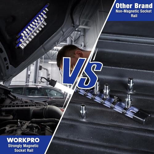 Image of WORKPRO Magnetic Socket Organizer, 1 /4-Inch Drive Aluminum Alloy Sockets Rail, Heavy Duty Sockets Holder, Socket Rack Kit 1 /4-Inch x 12 Clips (Blue)