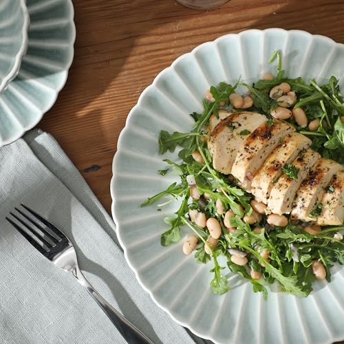 Image of Gibson Elite Peach Orchard 12-Piece New Bone China Dinnerware Set Service for 4, Embossed Fluted Plates and Bowls, Dishwasher and Microwave Safe, Aqua Blue