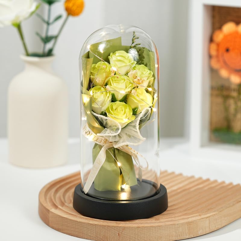 zCloud Flowers Fresh Bouquet,7 Eternal Roses in Glass Dome with LED Lights Luxury Artificial Flower Gift for Women Wife Mum Birthday Valentine's Day Anniversary Wedding Home Decor (Green)