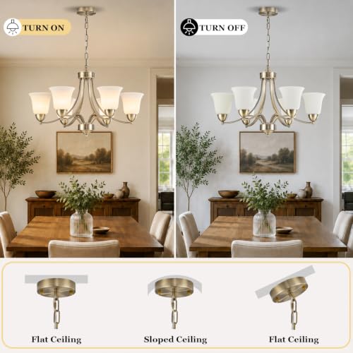 Image of 6 Lights Brushed Bronze Dining Room Light Fixture Farmhouse Modern Chandelier Pendant Light Champagne Bronze Adjustable Ceiling Hanging Lighting with Frosted Glass for Kitchen Island Living Room Foyer