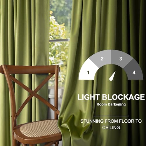Image of Moss Green Boho Velvet Curtains 63 Inch Length for Boys Bedroom 2 Panels Back Tab Rod Pocket Heavy Duty Heat Cold Blocking Light Dampening Drape for Kitchen Bathroom Laundry Closet Playroom 52x63 Long