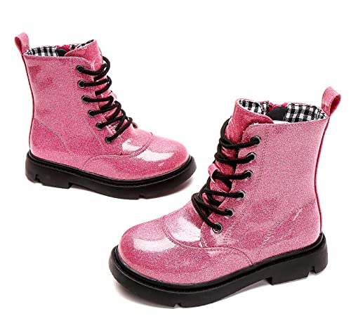 Kkdom Boys Girls Waterproof Lace Up Side Zipper Mid Calf Combat Boots(Toddler/Little Kid/Big Kid) Glitter Hot Pink Us Size 2 M Little Kid #TOP5