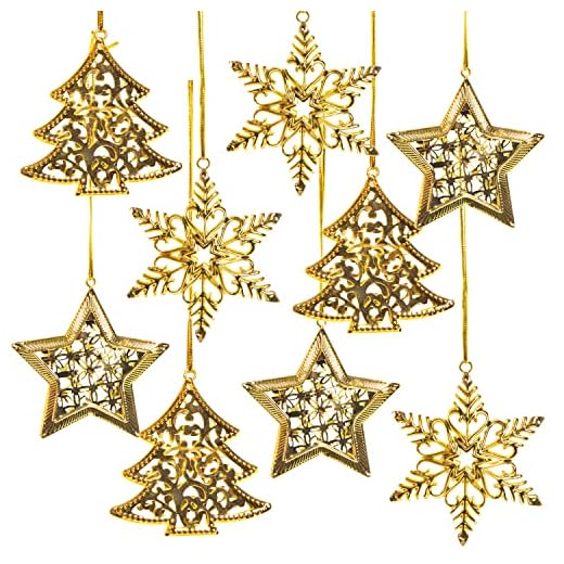 Weihnachtsanhänger Gold 9 Stück – Sterne, Schneeflocken & Tannenbäume aus Metall 6-8 cm – Baumschmuck, Geschenkdeko, Flaschenanhänger – Logbuch-Verlag