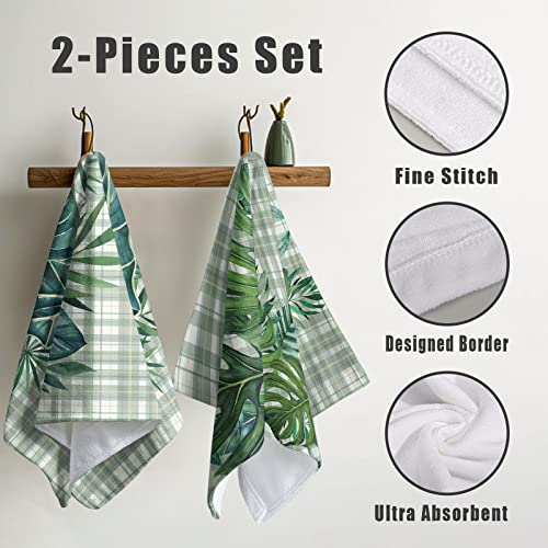Kwlegh Palm Leaves Hand Towel Tropical Monstera Leaves Kitchen Dish Towel Green Check Plaid Bath Towel Set Of 2 Soft Absorbent Bathroom Towels For Bathroom Kitchen Gym Yoga 14.4 X 28.3 Inch #TOP2