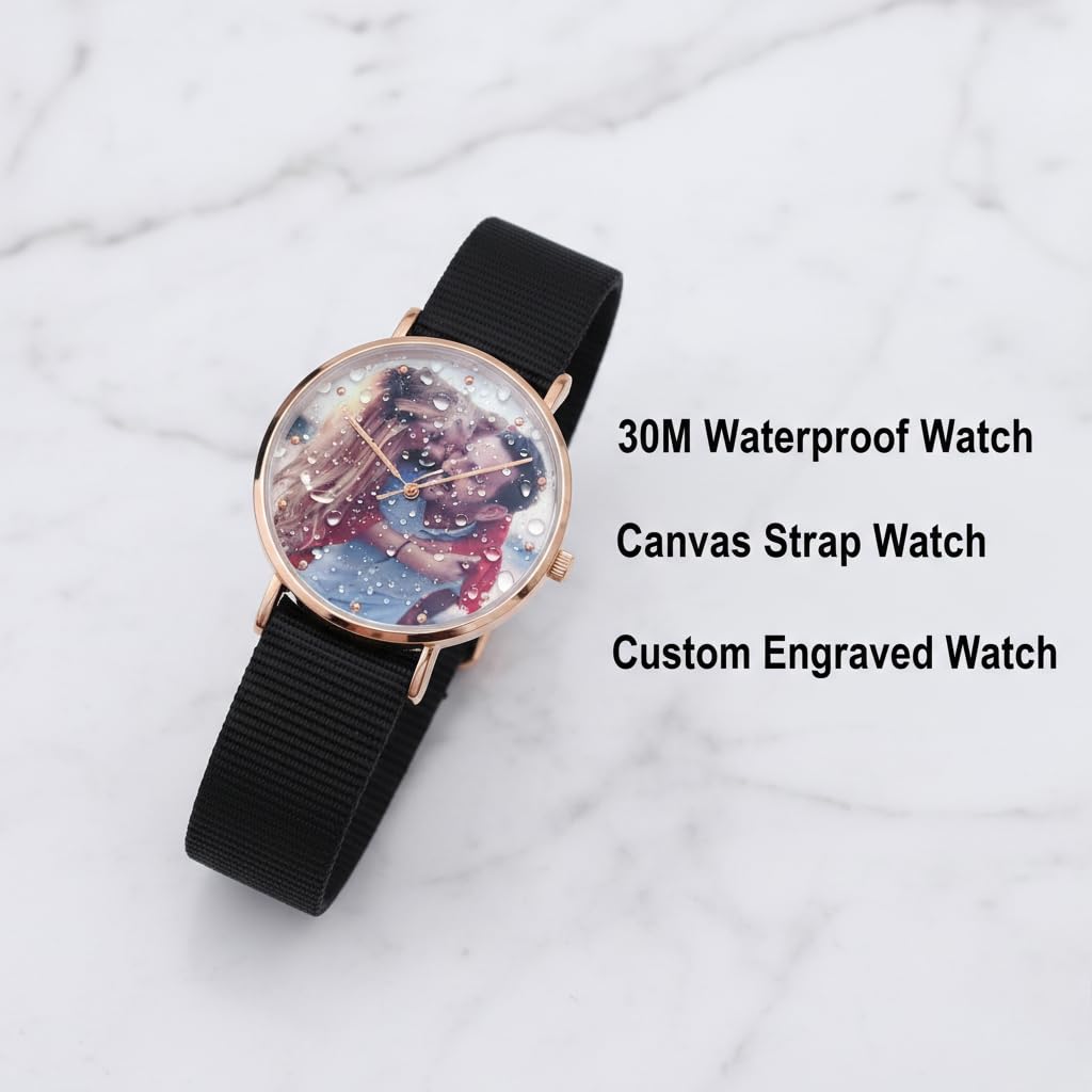 Reloj de fotos personalizado para parejas, reloj de cuarzo personalizado, correa de lona duradera, caja de oro rosa, adecuado para llevar en el día de San Valentín, cumpleaños y aniversario.