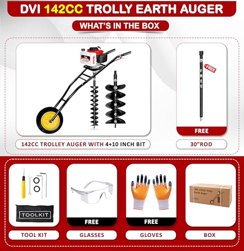 Image of DVI 142CC Trolley Earth Auger Machine, 4-Stroke Petrol Engine - with 4 Inch + 10 Inch Double Spiral Planter Bits & Free Extension Rod | for Plantation, Fencing & Post Hole Digging in All Soil Types.