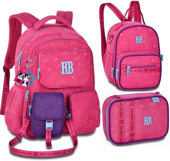Kit Mochila de Costas Com Bolsinha Rebecca Bonbon Original Lancheira Térmica Estojo (ROSA)