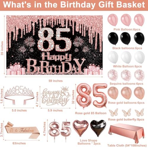 85th Birthday Decorations for Women, 49pcs Black Rose Gold Happy 85th Birthday Banner, Tablecloth, Butterfly Decor, Sash and Crown, Cake Topper and Candles, Balloons Arch — view 2