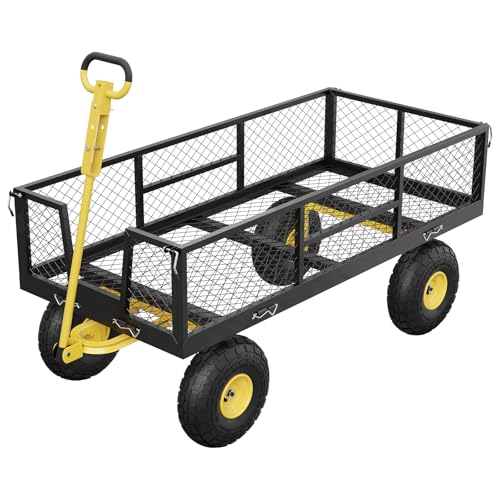 GarveeLife 900 LBS Garden Cart on Wheels with Adjustable Handles, Heavy Duty Steel Garden Wagon with Removable Mesh Sides to Convert into Flatbed, Wag