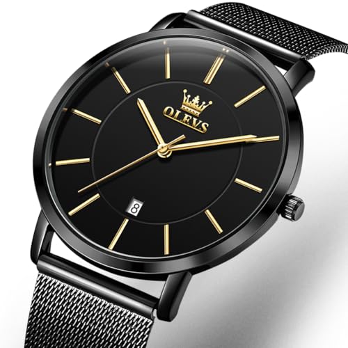 Image of OLEVS Men Leather Watches Black Ultra Thin 6.5mm Minimalist Dress Fashion Simple Casual Waterproof Date Watch for Men