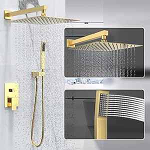 Rain shower system 10 inches shower head with handheld combo set for bathroomhigh pressure rainfall shower faucet set wall mountedrough in valve and trim kitbrushed gold  urban country home decor