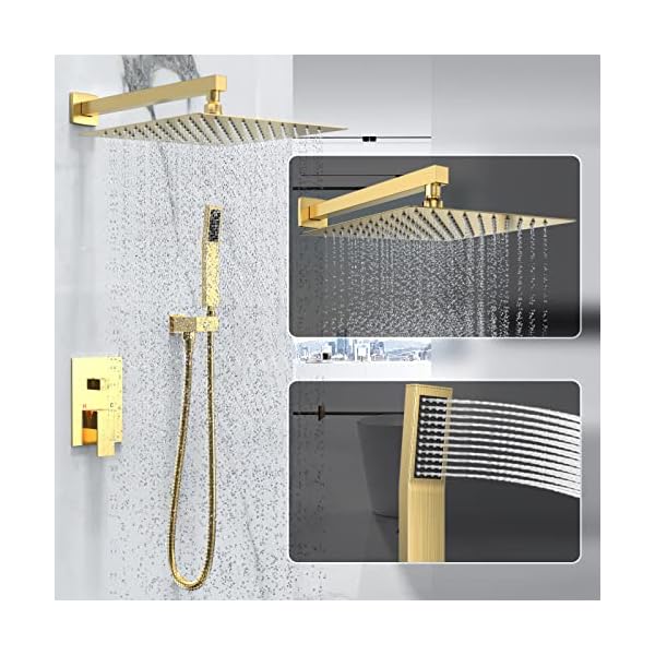 Rain shower system 10 inches shower head with handheld combo set for bathroomhigh pressure rainfall shower faucet set wall mountedrough in valve and trim kitbrushed gold  urban country home decor