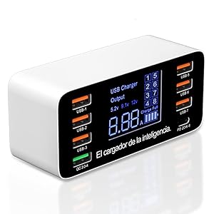 Braveking1 Cargador USB, 60W 8 Puertos Cargador USB Múltiple con Puerto PD 20W Estación de Carga de Escritorio con Puerto Carga Rápida 3.0 USB Puerto y Pantalla LCD para iPhone iPad Samsung Tabletas