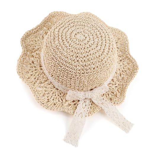 Aiyomimo Strohhut- Weicher Faltbarer Baby Sonnenhut für Mädchen Atmungsaktive Kappe für Sommer Strand Outdoor Spielen (DE/NL/SE/PL Alter 2 Jahre 5 Jahre Spitzenschleife-Beige)