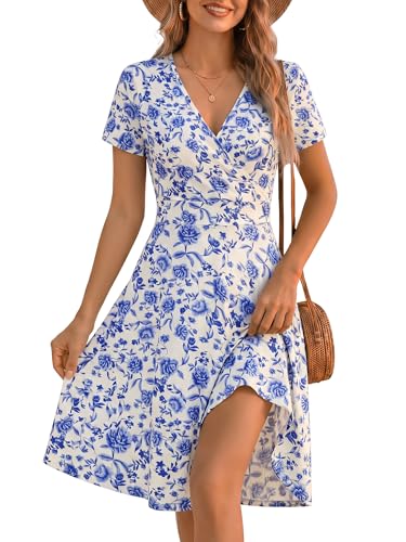 Image of MSBASIC Womens Summer Wrap V Neck Casual Dresses Floral Short Sleeve A-Line Midi Sundress