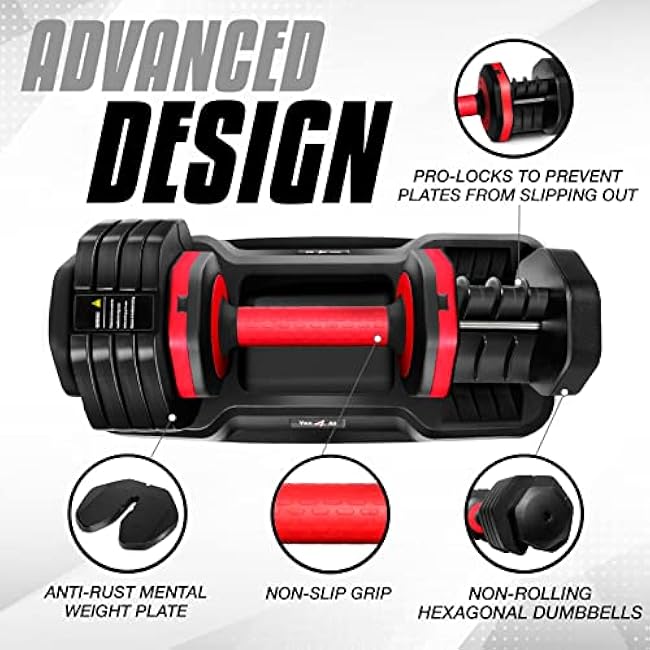 Yes4All 25/55LB Adjustable Dumbbells Pair/Single, 5-in-1 Dumbbells Adjustable Weights with Anti-Slip Handle & Sturdy Prolocks