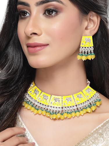 Plated Meenakari Kundan Green Collar Necklace Set
