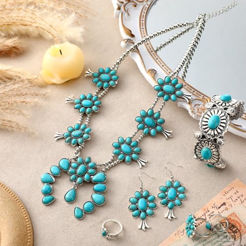 Image of Ecally Bohemian Western Jewelry Turquoise Set Women Country Pendant Long Choker Layered Bracelets Earrings Ring for Women