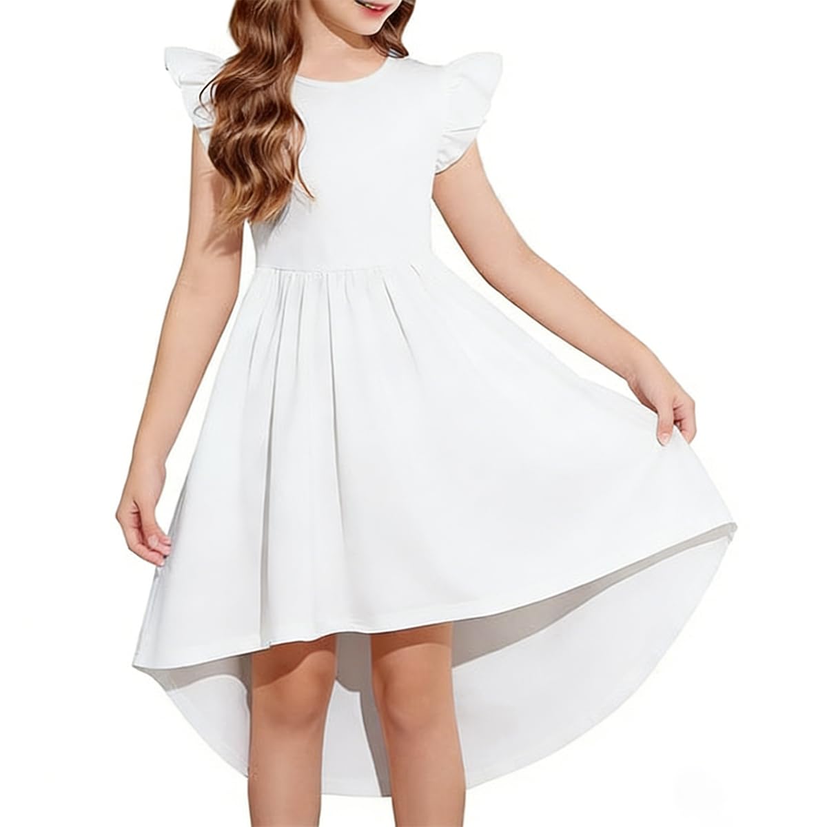 Vestido Niña Casual Corte A Dobladillo Asimétrico con Bolsillos Cuello Redondo Color Liso Elegante Vestidos para Fiesta