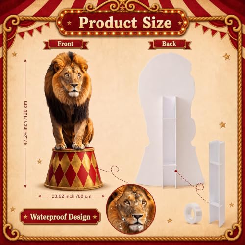 Image of Qunclay 4ft Circus Lion Cardboard Cutout Carnival Party Decoration Life Size Lion Photo Booth Prop Stand up Display Backdrop Decor for Carnival Birthday Party Supplies