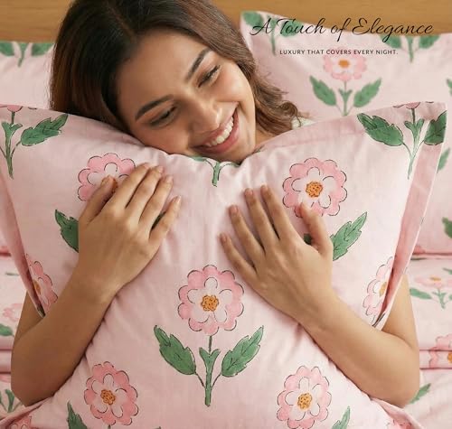 Image of BSB HOME Cloud Cotton King Size Bedsheet Set 228 x 254 cm, 220 Thread Count Soft & Breathable Cotton Bedsheet with 2 Pillow Covers, Floral Printed Bedding for Home (Dusty Pink)