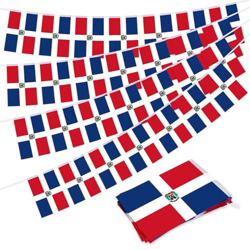 32.8 ft Dominican Republic Flag Banner, 30 Pcs Mini Dominican Country String Flags, Red Blue White DO Bunting for Dominican Independence Day, National Parades, Home, Garden, Indoor, Outdoor Decoration