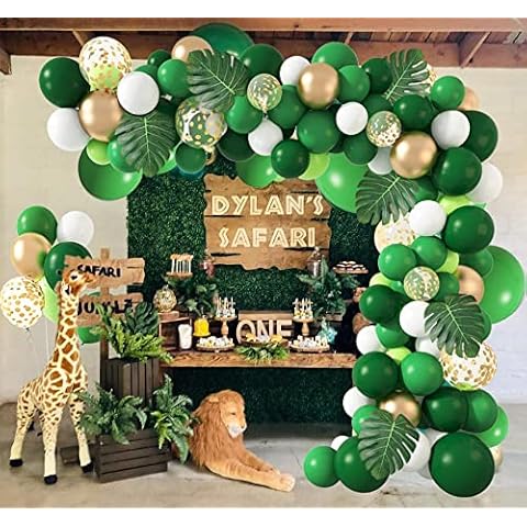 Jungle Green Balloons 140 Pcs Safari Tropical Forest Birthday Party Garland Kit Dinosaur Theme Arch Gold Confetti Latex Balloons with Palm Leaves for Boys Kids Girls Baby Shower Strip Tools Cover