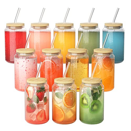 FINEW 12 Stück Gläser mit Deckel und Strohhalm, 16oz/450ml Eiskaffee Gläser, Cocktailgläser, Iced Coffee Glas, Longdrinkglas mit 2 Reinigungsbürsten für Bubble Tea, Whiskey, Cocktail, Biergläser