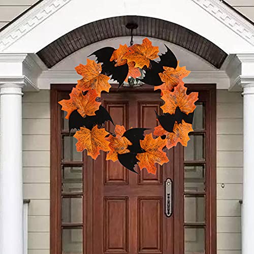 14" Small Fall Leaves & Bats Halloween Wreath for Front Door Home Decor (Orange) - image 3