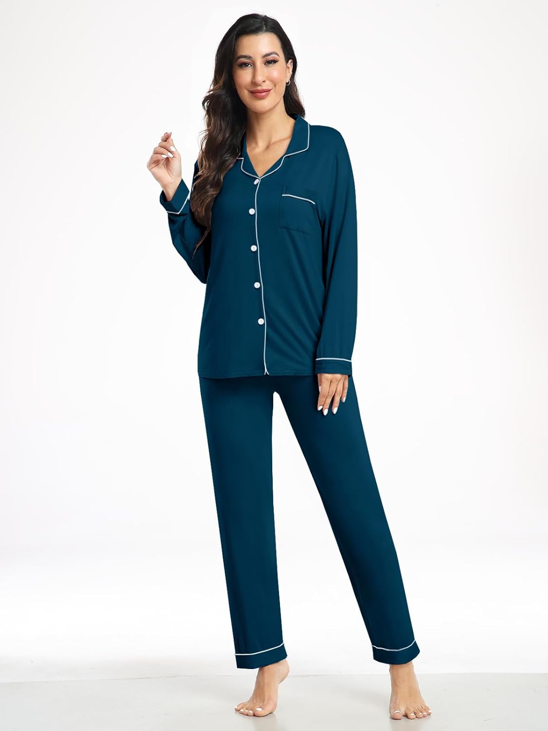 Womens Modal Button Up Pajamas 2 Piece Long Sleeve Comfy Pjs Sleepwear Soft Pajama Lounge Set Loungewear S-3XL - Image 2