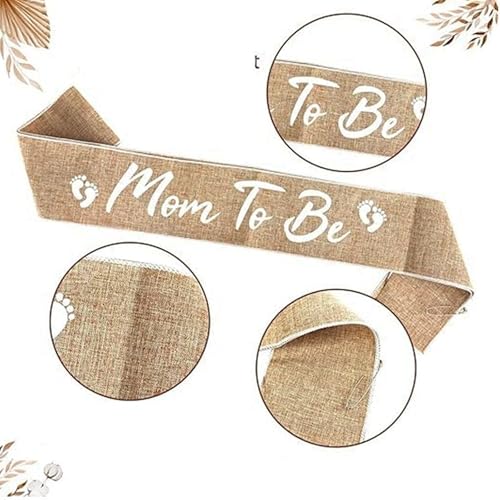 Image of 3PCS Mom to Be Sash Mom to Be Pin, Neutral Burlap Maternity Sash Corsage Pin and Flower Crown Headband, Boho Style Mommy to Be Sash for Baby Shower Sash Pin Set for Pregnant Keepsake Gifts