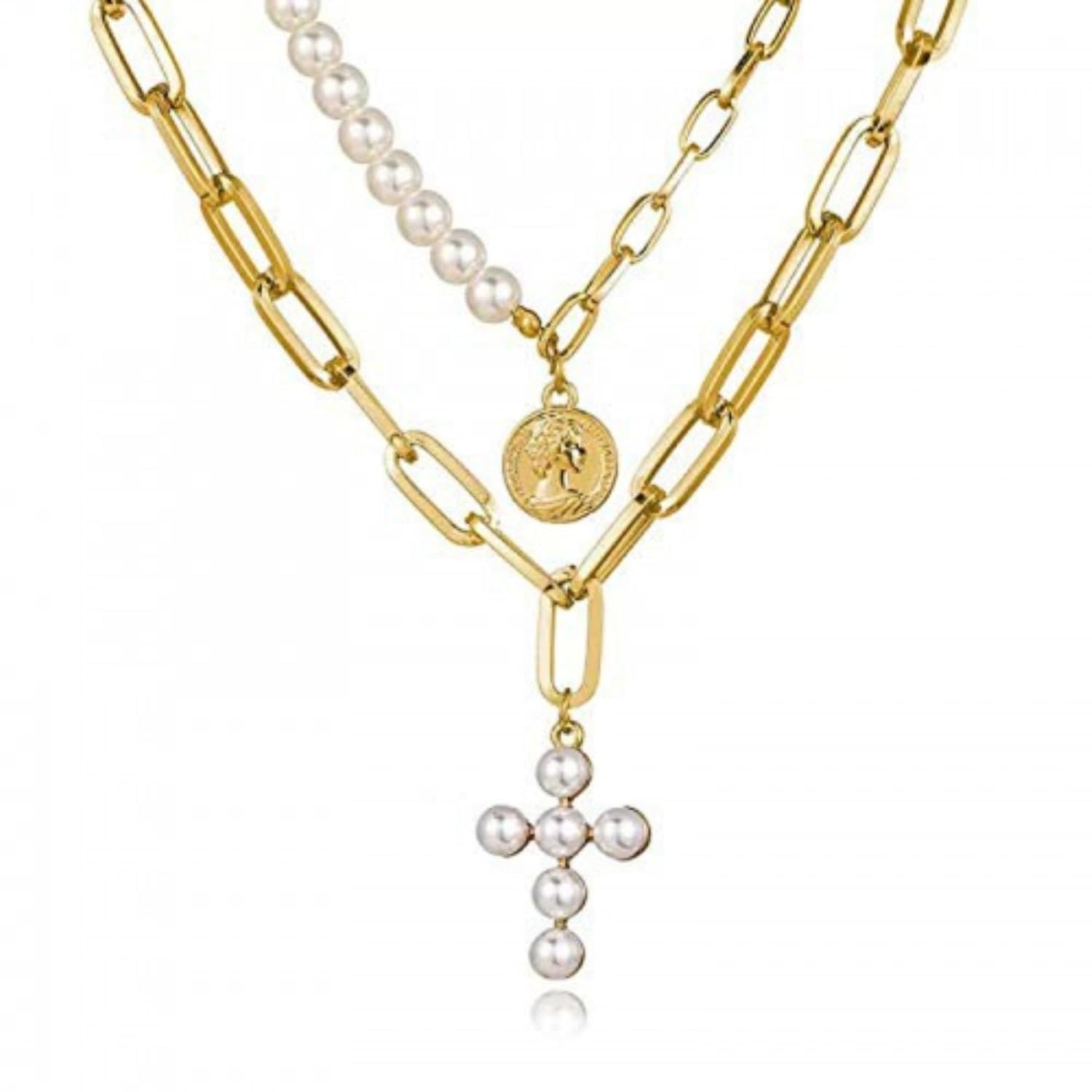 Streesaaj Pearl Cross Pendant Layered Necklace – Elegant Gold Plated Chain, Fashion Jewelry for Girls and Women (B0D9NMBH8S) Amazon Price History, Amazon Price Tracker