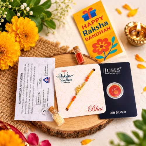 Image of iJuels 925 Pure Silver Rakhi Combo for Brother | BIS Hallmarked Silver Rakhi with 22 kt gold plating + 1 Gram 999 Silver Coin + Greeting Card + Roli Chawal | Raksha Bandhan Gift Set