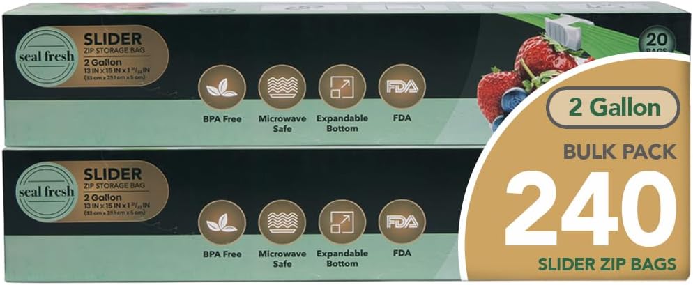 2 Gallon Slider Jumbo Storage Bags (240 Count) with Expandable Bottom, BPA Free, Microwave Safe – Clear Storage Bags, Ziplock Bag Organizer, Large Storage Bags, Reusable Freezer Bags Bulk Pack 2 Gallon