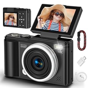 Digital camera, 4K 64MP Compact Digital Camera with Autofocus and Macro Function, 180° flip-up screen portable selfie cameras for photography and video with Micro SD Card for Beginners Teens