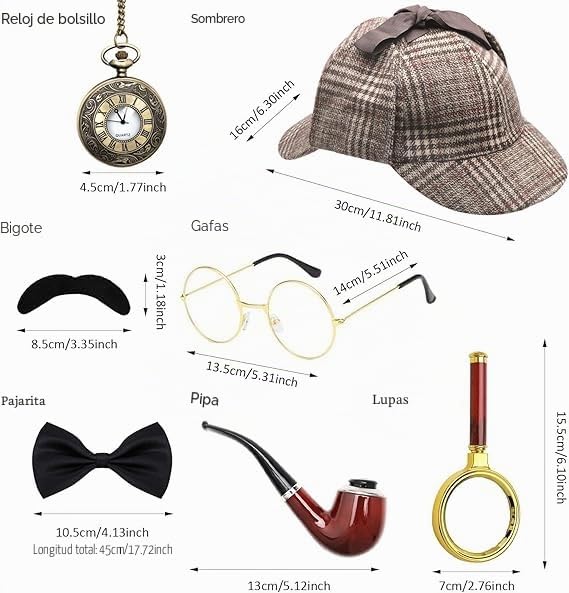 Juego de 7 accesorios para disfraz de detective Sherlock Holmes, sombrero, gafas, bigote, pajarita con lupa, accesorios de cosplay para hombre adulto