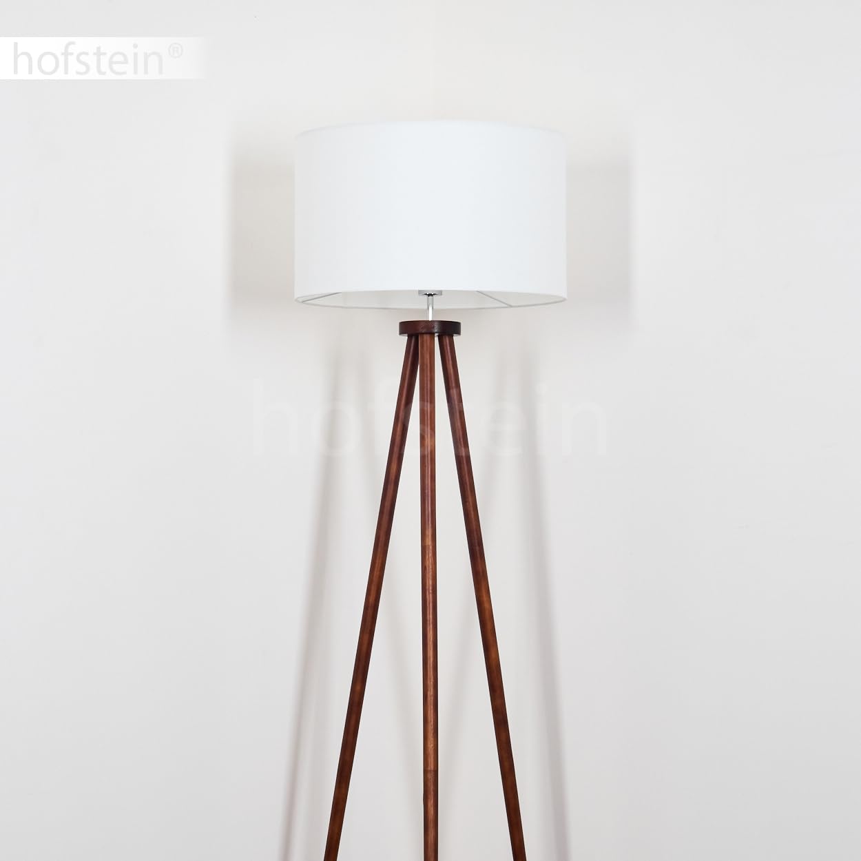 Stehleuchte Flemming, Stehlampe aus Holz/Stoff in Dunkelbraun/Weiß, Leuchte im skandinavischen Design mit rundem Schirm (Ø 50 cm) u. Fußschalter, Höhe 155 cm, 1 x E27, ohne Leuchtmittel