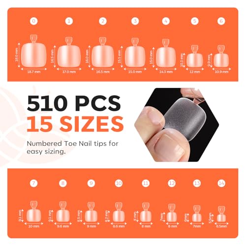Image of Modelones Short Square Toe Nail Tips 510Pcs 15 Sizes Press On Toenails Squoval Soft Gel Tips Full Cover Matte Fake Toe Nails Extensions Pre-Etched Toe Tips for DIY Salon Use