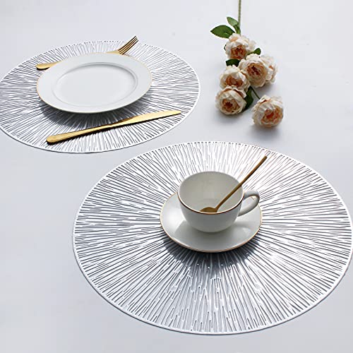 Evevda Placemats For Dining Table Set Of 6 Round Hollow Out Table Mats Pressed Metallic Vinyl Plastic Place Mats Table Decoration For Holiday Wedding Accent Centerpiece(Silver Radial Circle) #TOP2