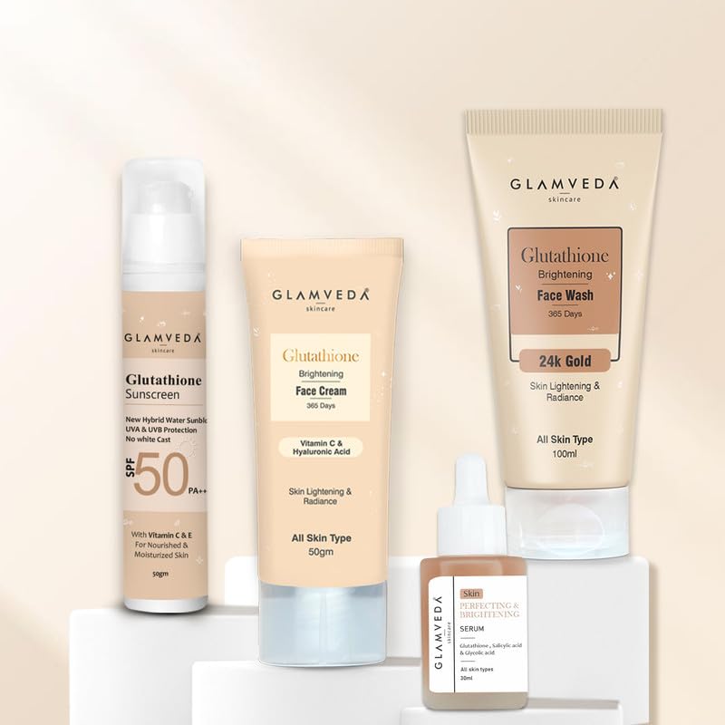 Glamveda Glutathione 4-Step Skincare Routine For Healthy & Radiant Skin | Skin Brightening and Lightening Combo (Facewash + Facecream + Faceserum + Sunscreen)