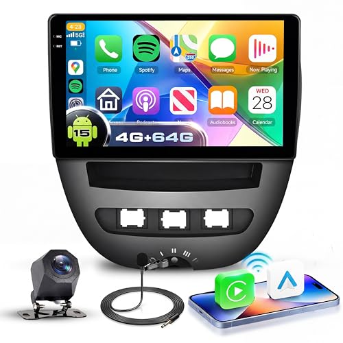 VECHTEL 4G+64G Android 15 Radio Coche para Toyota Aygo/Peugeot 107/Citroen C1 2004 2014,10.1 Pulg. In Cell HD Pantalla Táctil con Carplay Android Auto Inalámbrico GPS WiFi USB Bluetooth FM RDS Cámara