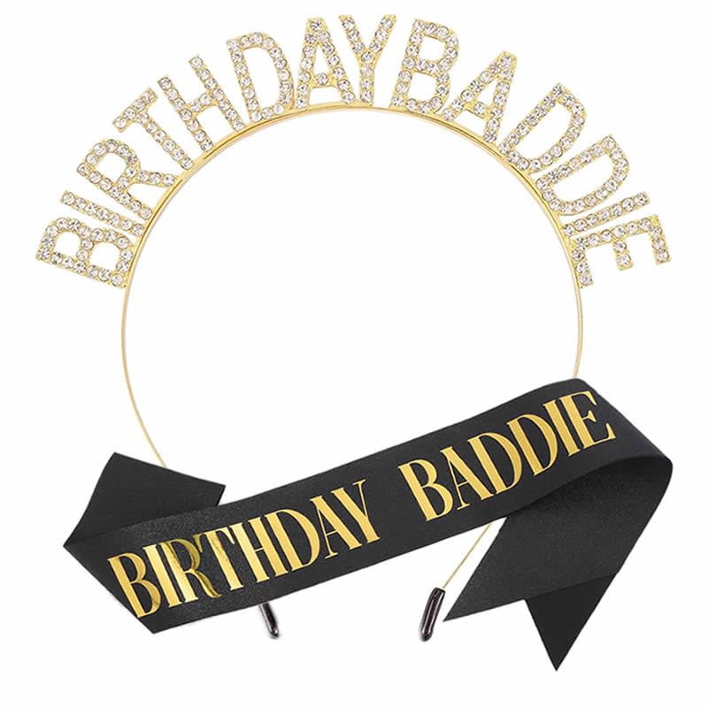Dusenly Birthday Baddie Sash Crown Set Birthday Gifts for Women Girls Dress Outfits Tiara Headband Happy Birthday Party Decorations