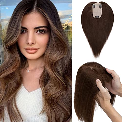 S-noilite Hair Toppers for Women Real Human Hair Topper No Bangs Upgraded Scalp Base Double Diamond Mesh #4 Medium Brown 10 Inch Hair Pieces for Women with Thinning Hair clip in topper 45g Hair Loss Cover 100% Human Hair