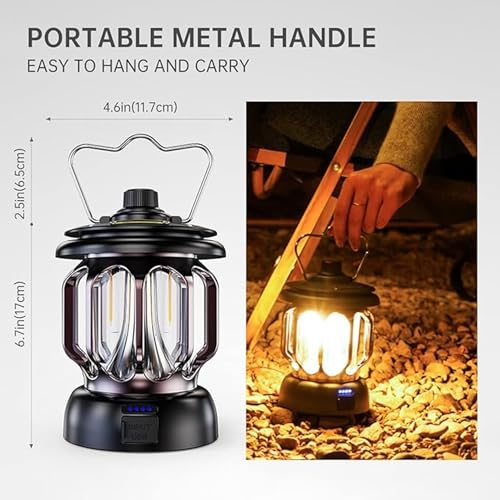 Image of JB'S LAND New Retro Camping Lantern, Rechargeable LED Vintage Camping Lamp, Waterproof Battery Powered Camping Lighting, Portable Dimmable Outdoor Hanging Tent Lamp Brand (Black)