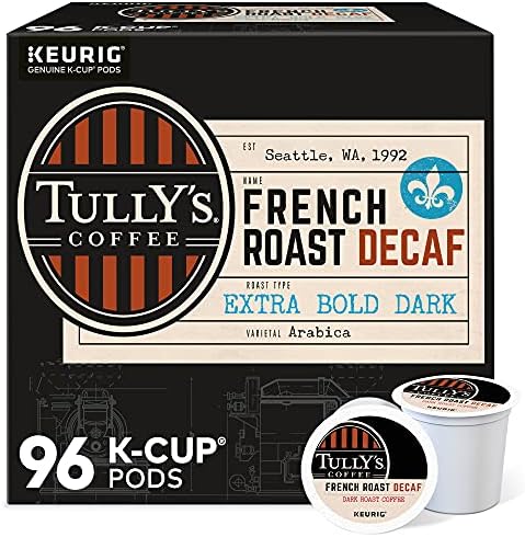 Tully's Coffee French Roast Decaf, Single-Serve Keurig K-Cup Pods, Dark Roast Coffee Pods, 96 Count, 24 Count (Pack of 4)