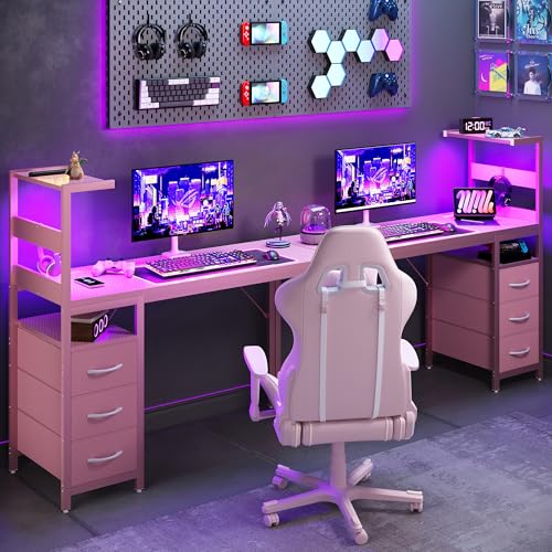 Image of YOUDENOVA 40 Inch Gaming Computer Desk with Led Lights, Small Desk with Storage Shelves and Drawers, Reversible Compact Gamer Table for Home Office, Carbon Fiber Pink