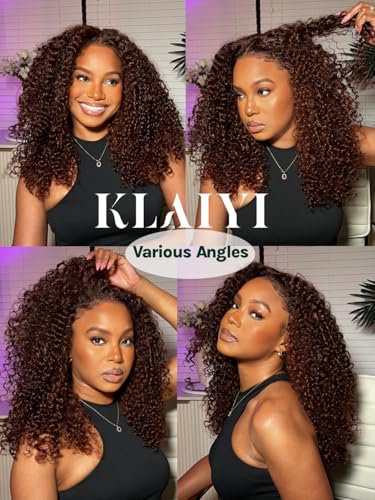 Image of KLAIYI Bye Bye Knots Glueless Wig Reddish Brown Curly Pre Cut 7x5 Lace Front Wigs Human Hair Drawstring Pre Plucked Bleached 30S Ready to Wear and Go Wig Water Wave Beginner Wigs with Baby Hair 14Inch