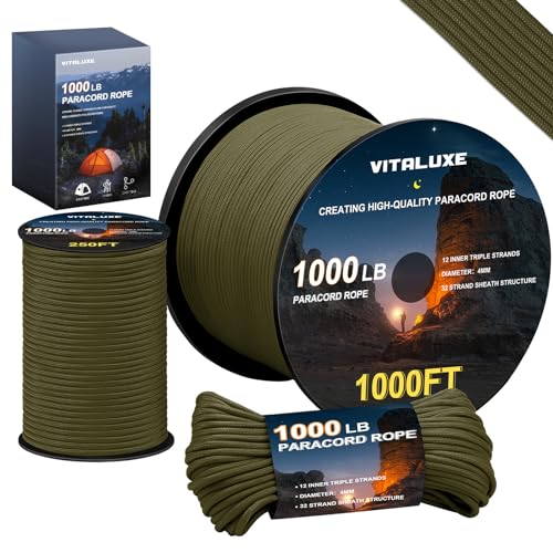 VITALUXE 1000lb Paracord Rope, 4mm 12 Triple Strands Paracord, Heavy
