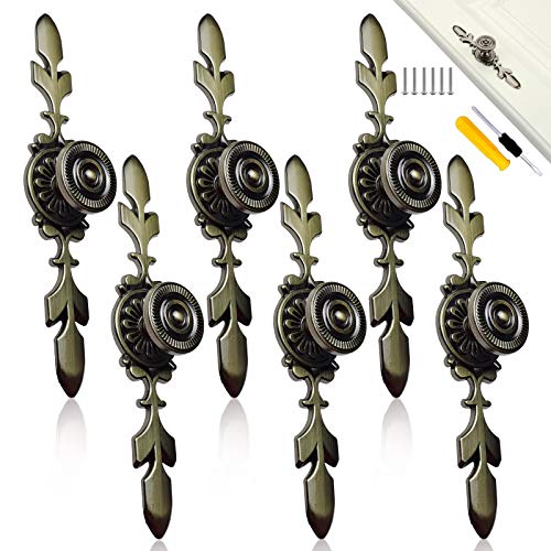 cersaty 6 Stk Europäischer schrankgriffe,vintage möbelgriffe,schubladengriffe Geschnitzt aus reiner handgefertigter Aluminiumlegierung mit Boden ,Schraube und Schraubendreher(Grüne Bronze) Cover